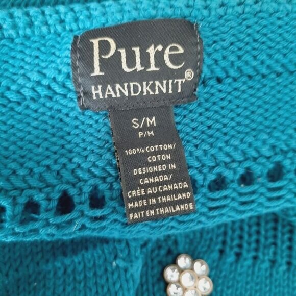 PURE HANDKNIT | Boho Pattern Knit Cardigan Button-Up Sweater Teal Blue Sz S / M - Picture 13 of 13